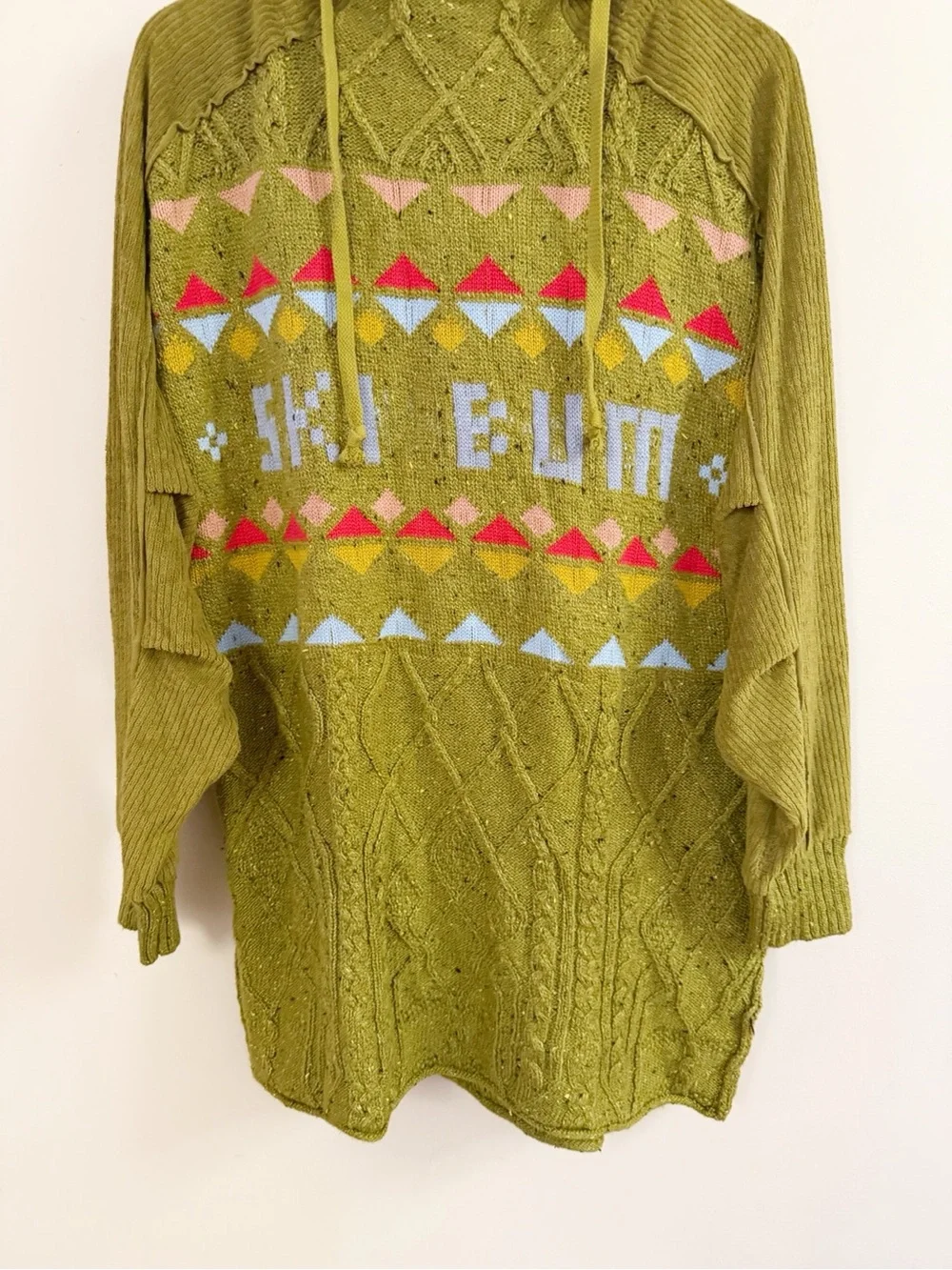Free People Ski Bum Green Cable Knit Hooded Sweater Size Small Oversized